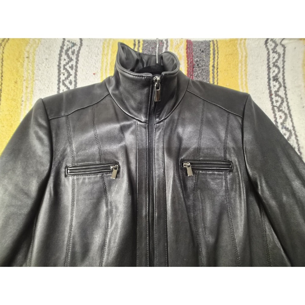 AVANTI Womens L Vintage Black 100% Leather ZipUp Moto Bomber Jacket Silky Lining